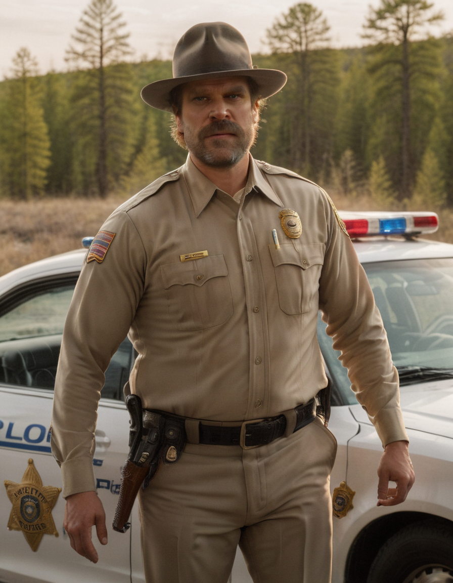 00009-4279788303-photo of david harbour with a beard in a sheriff uniform and hat standing next to a police car, cinematic lighting, film still,.png